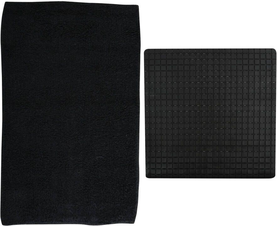 MSV Douche anti-slip mat en droogloop mat Napoli badkamer set rubber polyester zwart Badmatjes