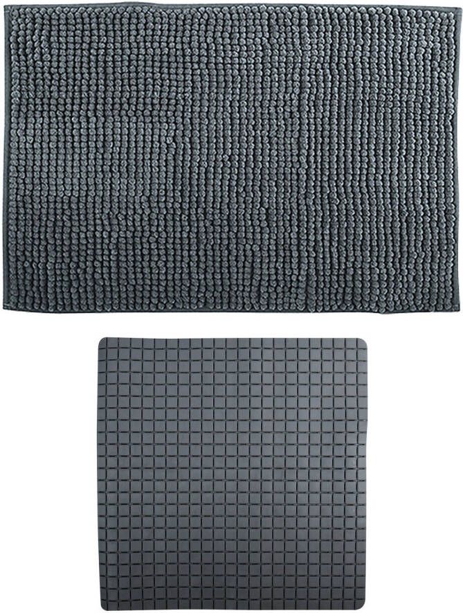 MSV Douche anti-slip mat en droogloop mat Sevilla badkamer set rubber microvezel donkergrijs Badmatjes