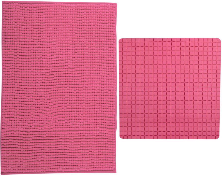 MSV Douche anti-slip mat en droogloop mat Sevilla badkamer set rubber microvezel fuchsia roze Badmatjes