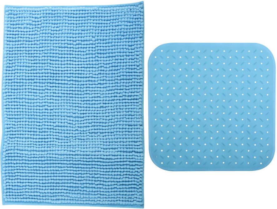 MSV Douche anti-slip mat en droogloop mat Sevilla badkamer set rubber microvezel lichtblauw Badmatjes