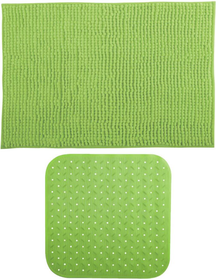 MSV Douche anti-slip mat en droogloop mat Sevilla badkamer set rubber microvezel limegroen Badmatjes