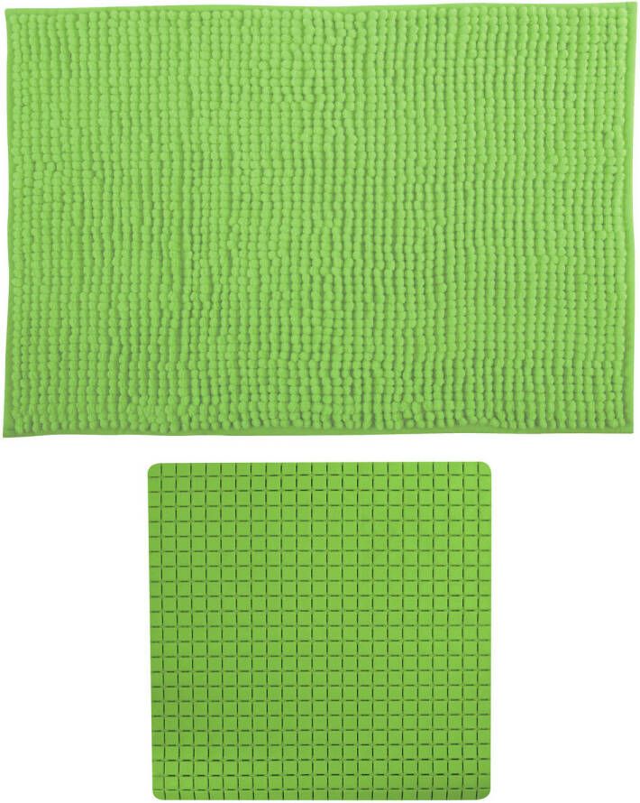 MSV Douche anti-slip mat en droogloop mat Sevilla badkamer set rubber microvezel limegroen Badmatjes