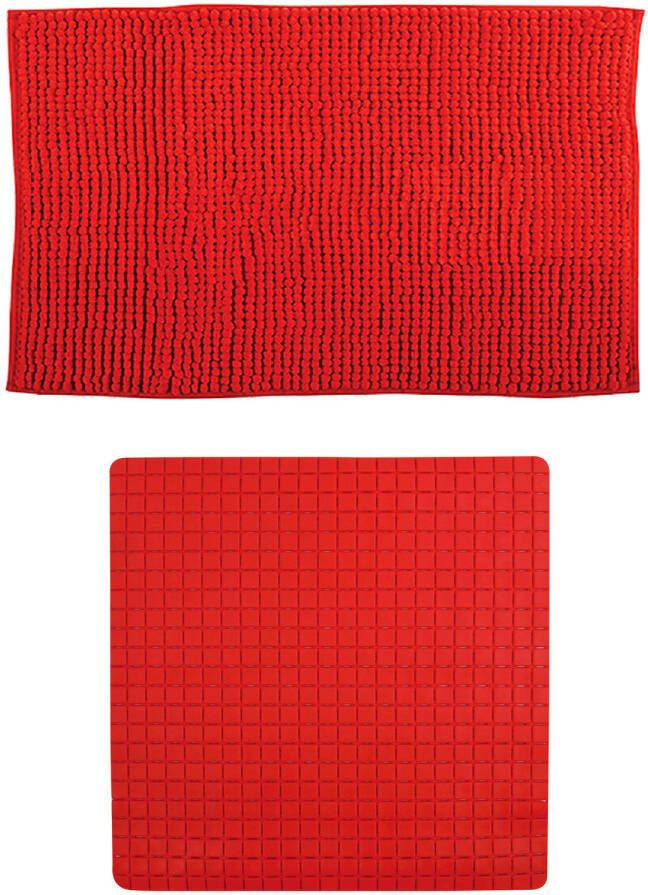 MSV Douche anti-slip mat en droogloop mat Sevilla badkamer set rubber microvezel rood Badmatjes