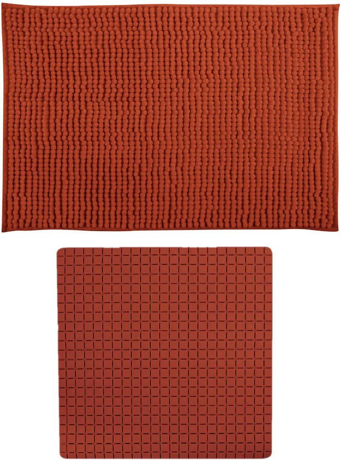 MSV Douche anti-slip mat en droogloop mat Sevilla badkamer set rubber microvezel terracotta Badmatjes