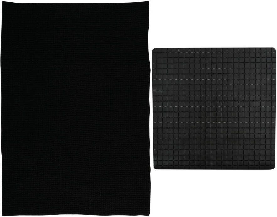 MSV Douche anti-slip mat en droogloop mat Sevilla badkamer set rubber microvezel zwart Badmatjes