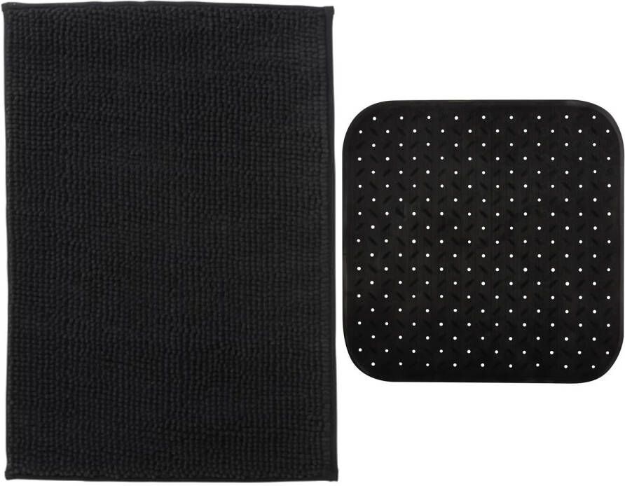 MSV Douche anti-slip mat en droogloop mat Sevilla badkamer set rubber microvezel zwart Badmatjes