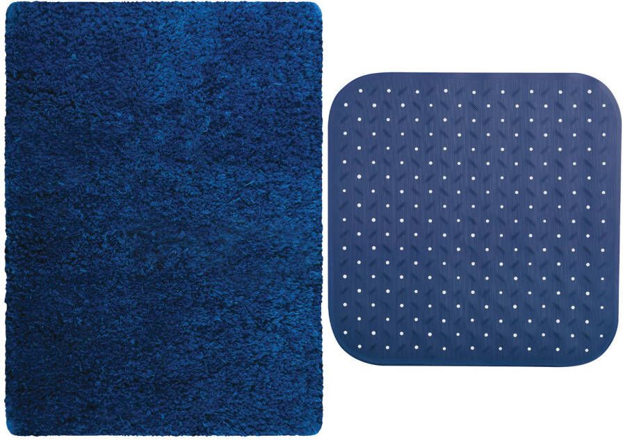 MSV Douche anti-slip mat en droogloop mat Venice badkamer set rubber microvezel donkerblauw Badmatjes