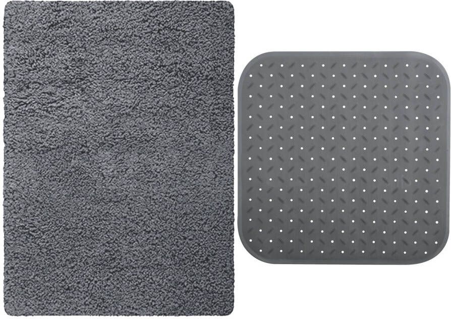 MSV Douche anti-slip mat en droogloop mat Venice badkamer set rubber microvezel donkergrijs Badmatjes