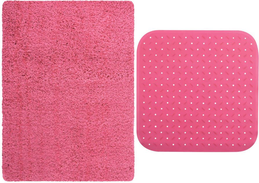 MSV Douche anti-slip mat en droogloop mat Venice badkamer set rubber microvezel fuchsia roze Badmatjes