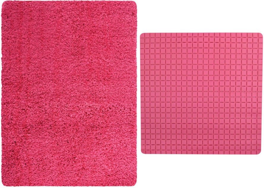 MSV Douche anti-slip mat en droogloop mat Venice badkamer set rubber microvezel fuchsia roze Badmatjes