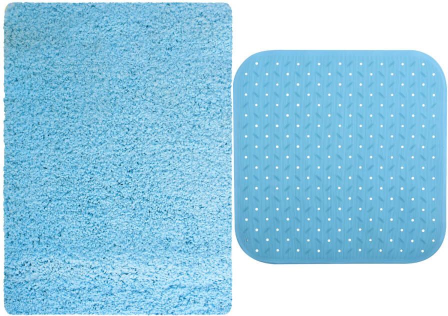 MSV Douche anti-slip mat en droogloop mat Venice badkamer set rubber microvezel lichtblauw Badmatjes