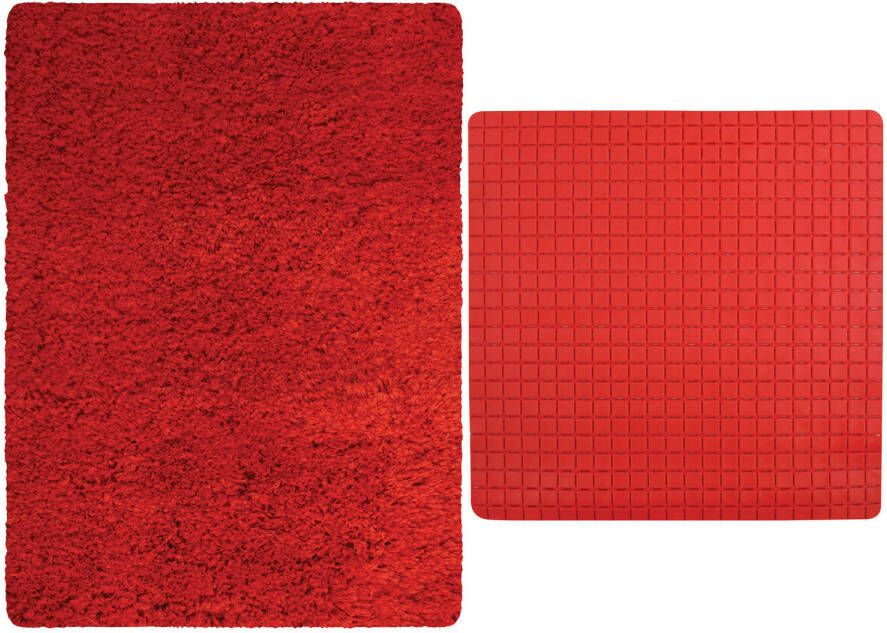 MSV Douche anti-slip mat en droogloop mat Venice badkamer set rubber microvezel rood Badmatjes