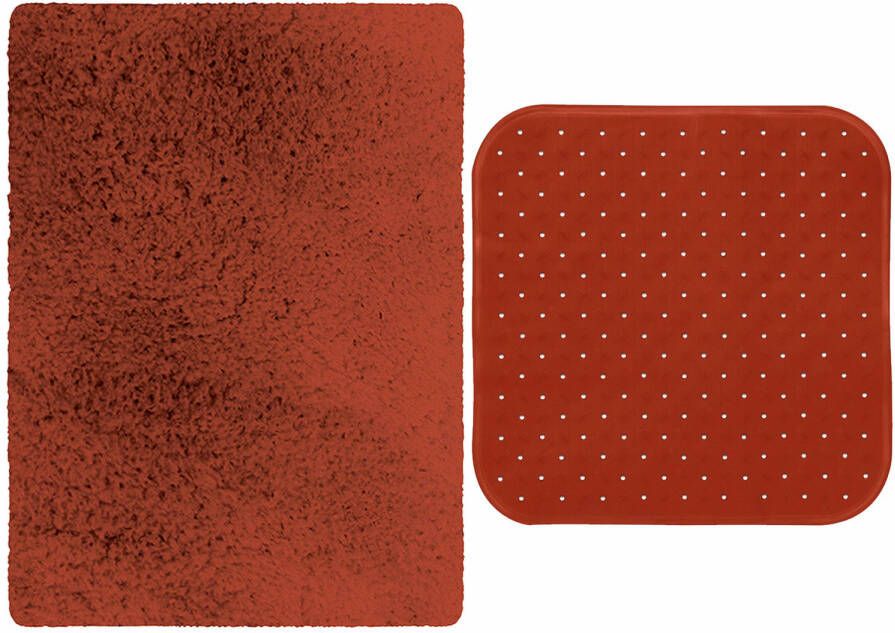 MSV Douche anti-slip mat en droogloop mat Venice badkamer set rubber microvezel terracotta Badmatjes