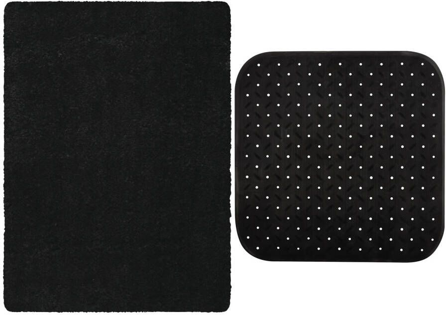 MSV Douche anti-slip mat en droogloop mat Venice badkamer set rubber microvezel zwart Badmatjes