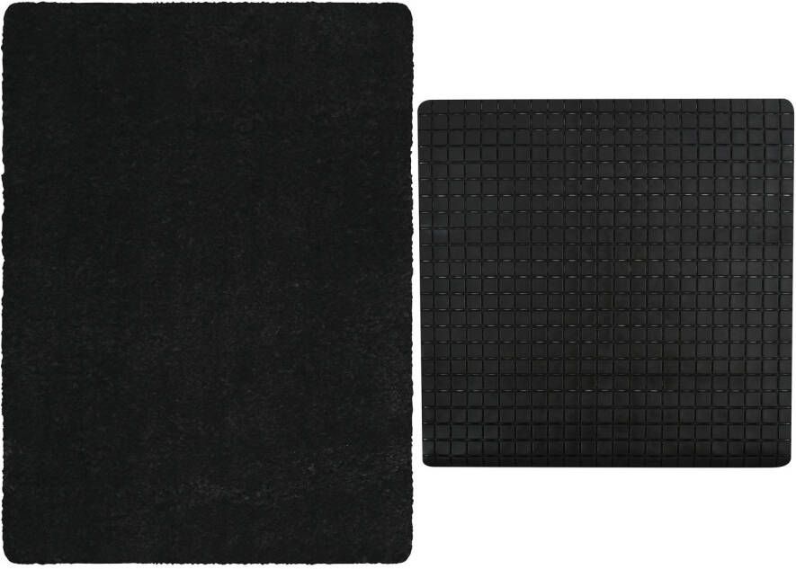 MSV Douche anti-slip mat en droogloop mat Venice badkamer set rubber microvezel zwart Badmatjes