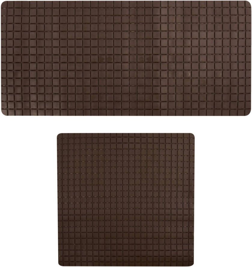 MSV Douche bad anti-slip matten set badkamer rubber 2x stuks bruin 2 formaten Badmatjes