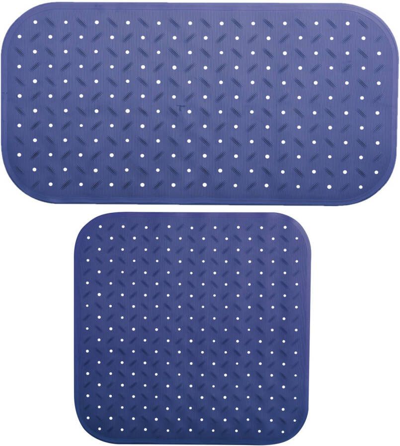 MSV Douche bad anti-slip matten set badkamer rubber 2x stuks donkerblauw 2 formaten Badmatjes