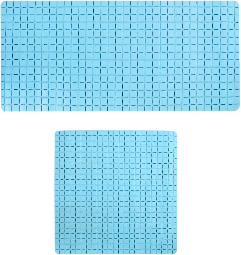 MSV Douche bad anti-slip matten set badkamer rubber 2x stuks lichtblauw 2 formaten Badmatjes