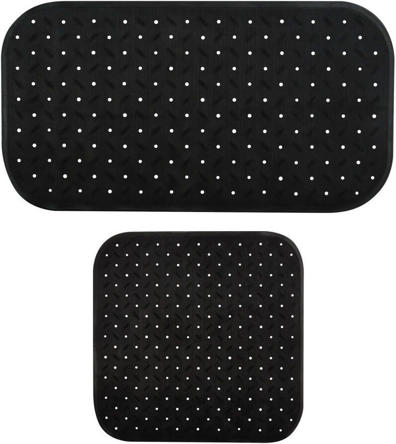 MSV Douche bad anti-slip matten set badkamer rubber 2x stuks zwart 2 formaten Badmatjes