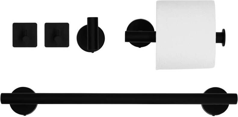 QUVIO Badkamer accessoires set (2x haakjes + toiletrolhouder + handdoekhouder) 5 delig RVS Zwart