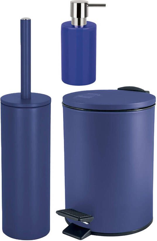 Spirella Badkamer accessoires set WC-borstel pedaalemmer zeeppompje donkerblauw Badkameraccessoireset