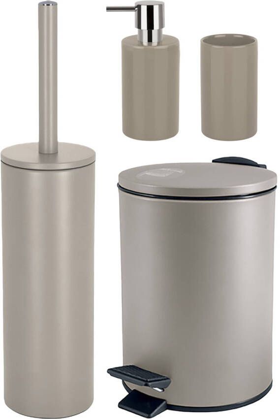 Spirella Badkamer accessoires set WC-borstel pedaalemmer zeeppompje beker beige Badkameraccessoireset