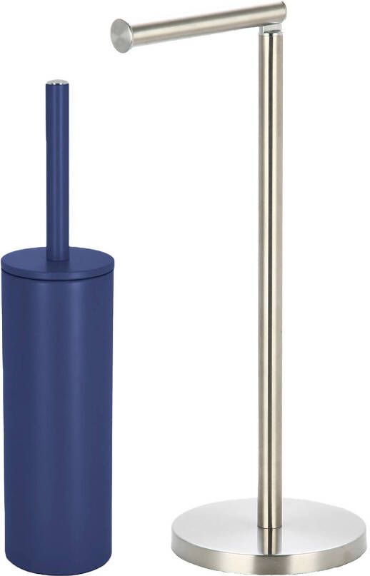 Spirella Badkamer accessoires set WC-borstel toiletrollen houder donkerblauw zilver Badkameraccessoireset