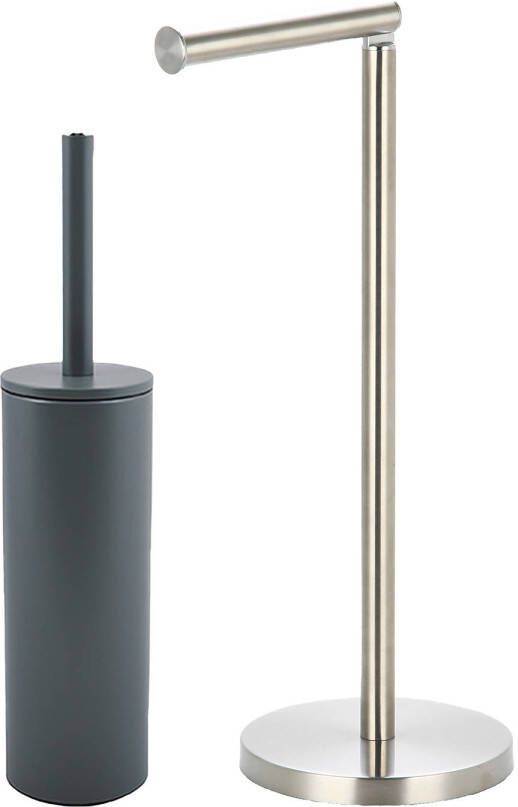 Spirella Badkamer accessoires set WC-borstel toiletrollen houder donkergrijs zilver Badkameraccessoireset
