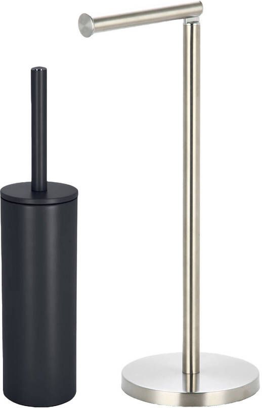 Spirella Badkamer accessoires set WC-borstel toiletrollen houder zwart zilver Badkameraccessoireset