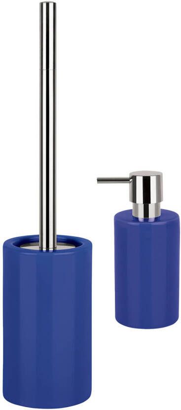 Spirella Badkamer accessoires set WC-borstel zeeppompje porselein donkerblauw Badkameraccessoireset