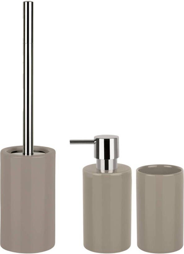 Spirella Badkamer accessoires set WC-borstel zeeppompje beker porselein beige Badkameraccessoireset