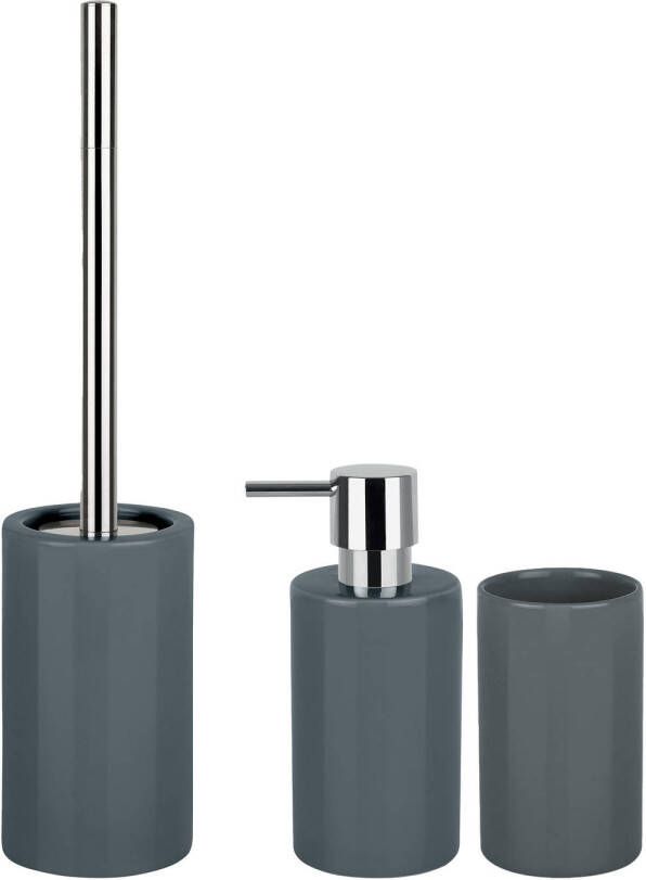 Spirella Badkamer accessoires set WC-borstel zeeppompje beker porselein donkergrijs Badkameraccessoireset