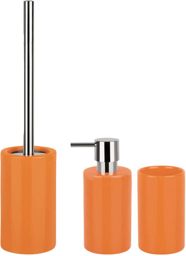 Spirella Badkamer accessoires set WC-borstel zeeppompje beker porselein oranje Badkameraccessoireset