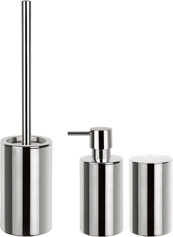 Spirella Badkamer accessoires set WC-borstel zeeppompje beker porselein zilver Badkameraccessoireset