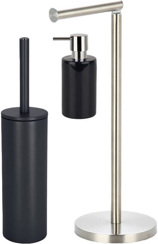Spirella Badkamer accessoires set WC-borstel zeeppompje rollenhouder zwart Badkameraccessoireset