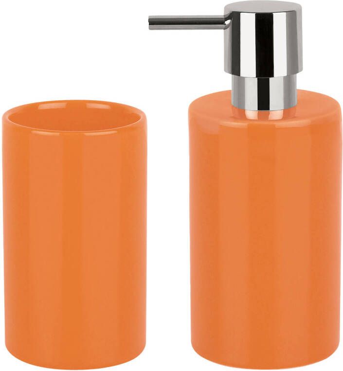 Spirella Badkamer accessoires set zeeppompje beker porselein oranje Badkameraccessoireset