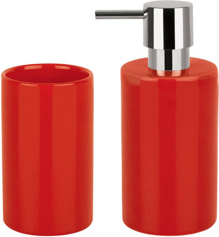 Spirella Badkamer accessoires set zeeppompje beker porselein rood Badkameraccessoireset