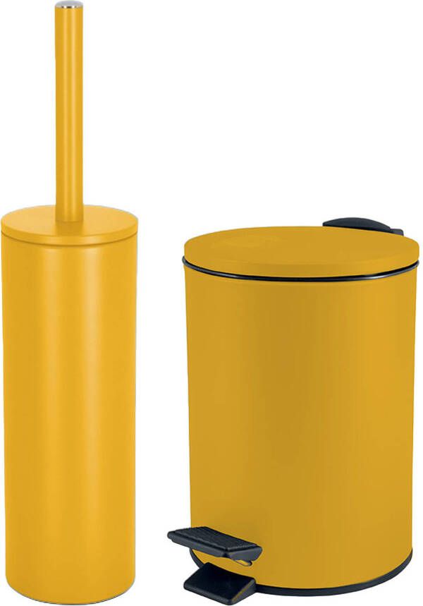 Spirella Badkamer toilet accessoires set toiletborstel en pedaalemmer 3L metaal saffraan geel Badkameraccessoi