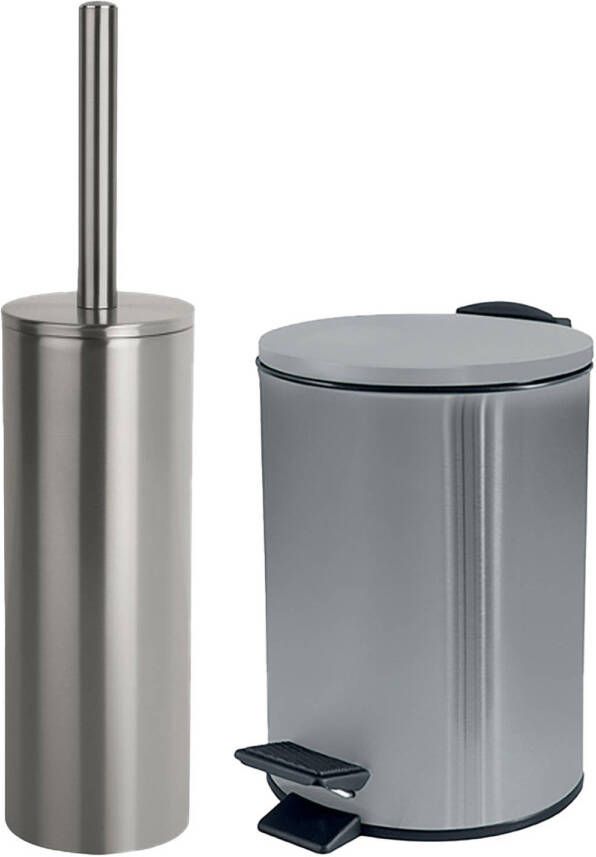 Spirella Badkamer toilet accessoires set toiletborstel en pedaalemmer 5L metaal zilver Badkameraccessoireset