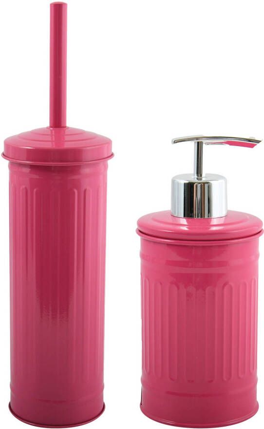 Spirella MSV Badkamer accessoires set fuchsia roze zeeppompje wc-borstel metaal Badkameraccessoireset