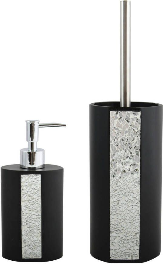 Spirella MSV Badkamer accessoires set Luanda zwart zilver zeeppompje wc-borstel Badkameraccessoireset