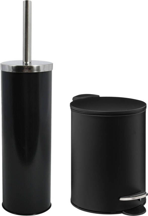 Spirella MSV Badkamer accessoires set zwart pedaalemmer wc-borstel metaal Badkameraccessoireset