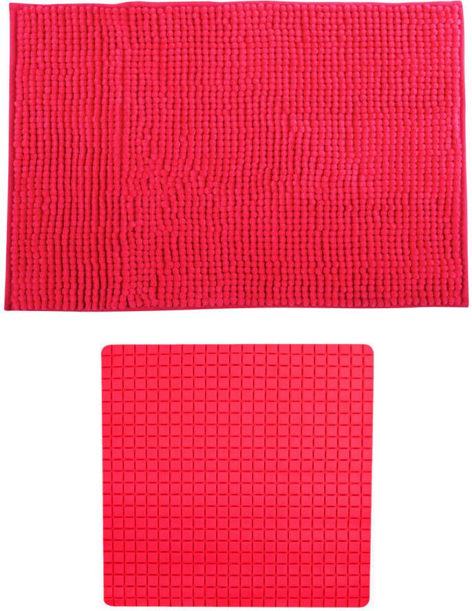 MSV Douche anti-slip mat en droogloop mat Sevilla badkamer set rubber microvezel fuchsia roze Badmatjes