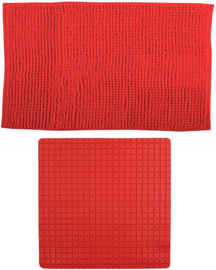 MSV Douche anti-slip mat en droogloop mat Sevilla badkamer set rubber microvezel rood Badmatjes