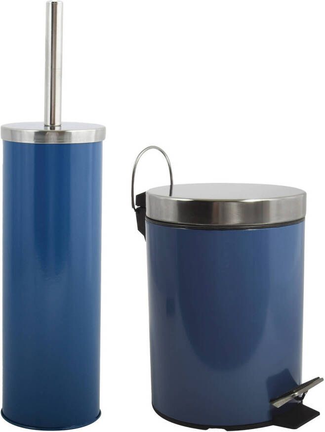 Spirella MSV Toiletborstel in houder 35 cm pedaalemmer 3L set Moods Metaal blauw Badkameraccessoireset