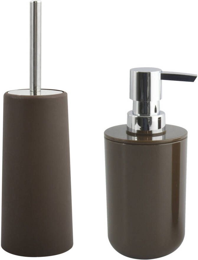 Spirella MSV Toiletborstel in houder 35 cm zeeppompje set Moods kunststof kastanje bruin Badkameraccessoireset