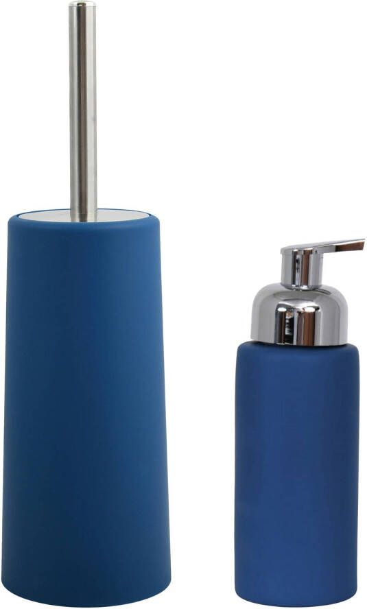Spirella MSV Toiletborstel in houder 35 cm zeeppompje set Moods kunststof keramiek blauw Badkameraccessoireset