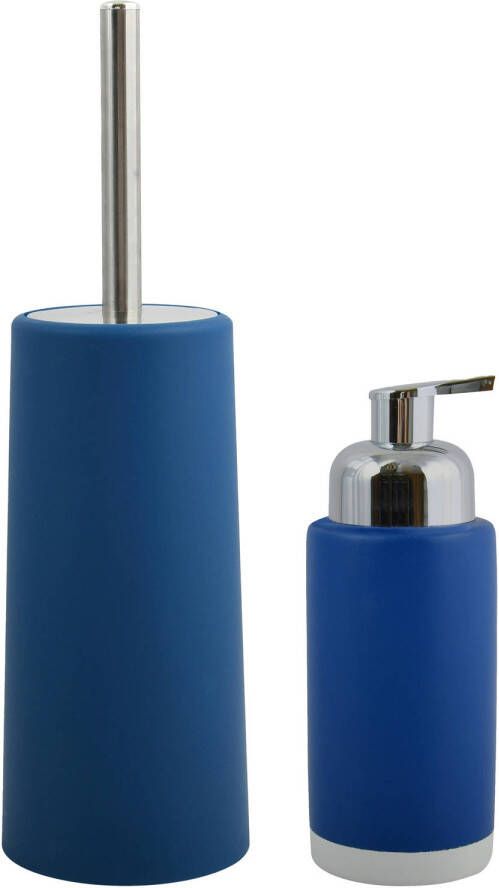 Spirella MSV Toiletborstel in houder 35 cm zeeppompje set Moods kunststof keramiek blauw Badkameraccessoireset