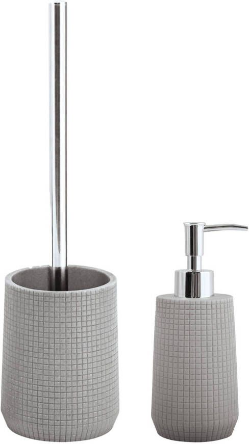 Spirella MSV Toiletborstel in houder 35 cm zeeppompje set Squares Polyresin rvs lichtgrijs Badkameraccessoireset