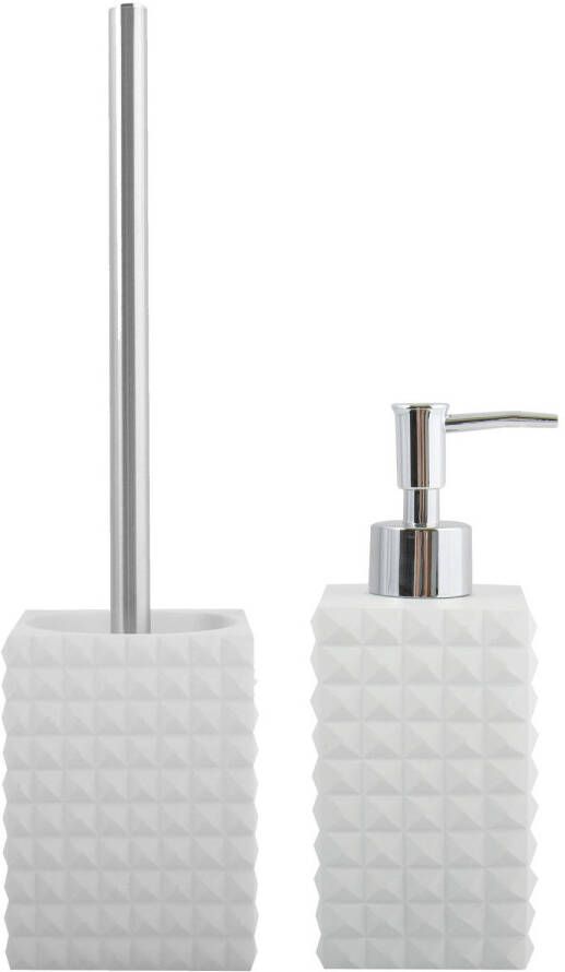 Spirella MSV Toiletborstel in houder 37 cm zeeppompje set Kubik Polyresin rvs ivoor wit Badkameraccessoireset